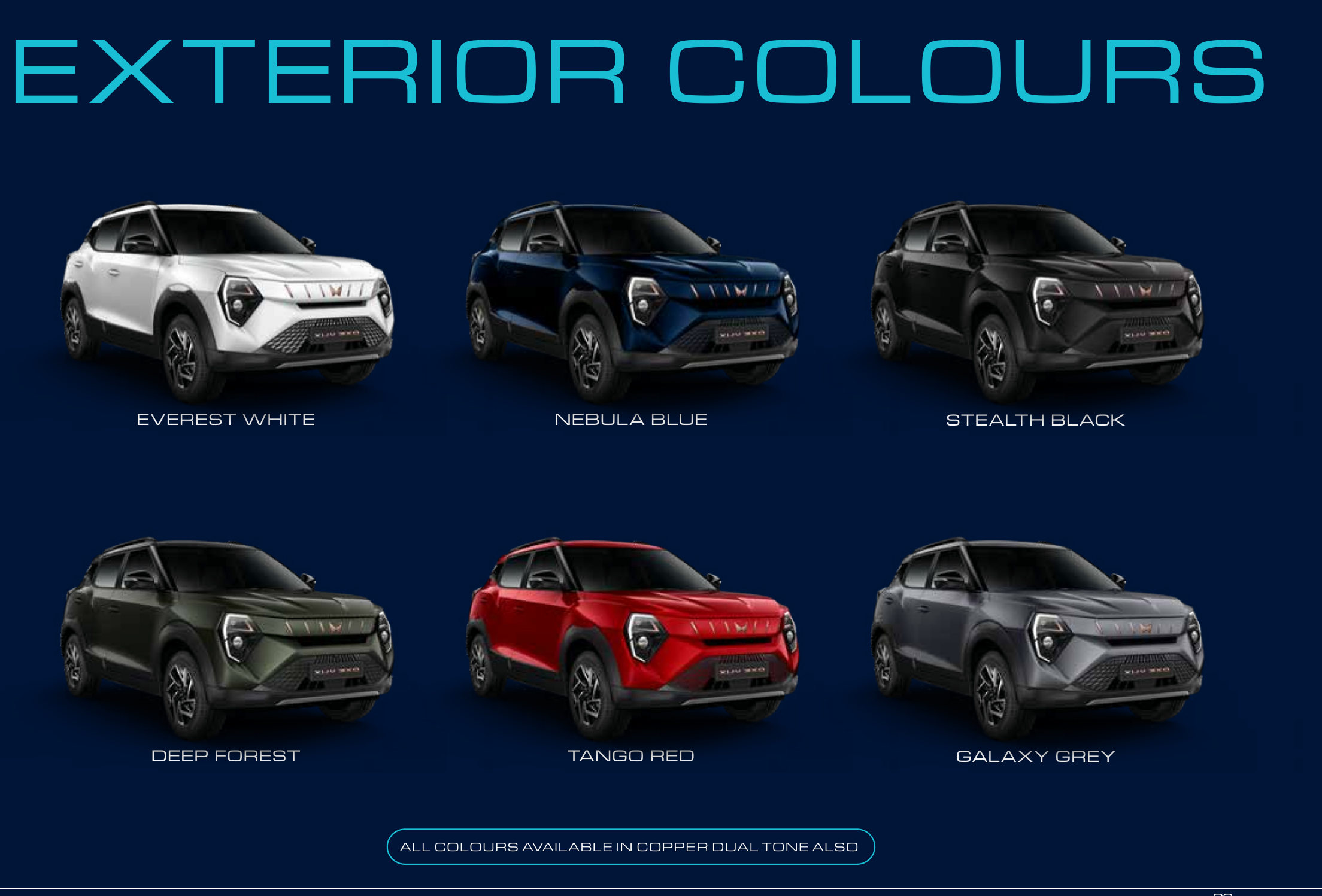 Mahindra XUV 3XO EV — Six exterior colours — Everest White, Nebula Blue, Stealth Black, Deep Forest, Tango Red and Galaxy Grey — with copper dual-tone option
