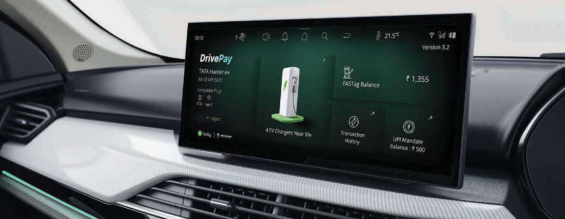 Tata Harrier EV — DrivePay - India's first UPI-based in-car payment for charging and FASTag, right from the car's screen