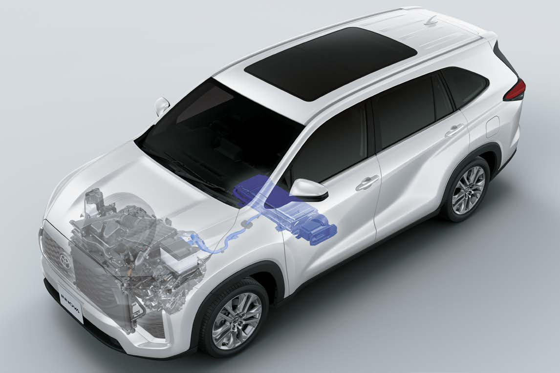 Toyota Innova Hycross — Self-charging strong-hybrid powertrain layout with engine and hybrid battery