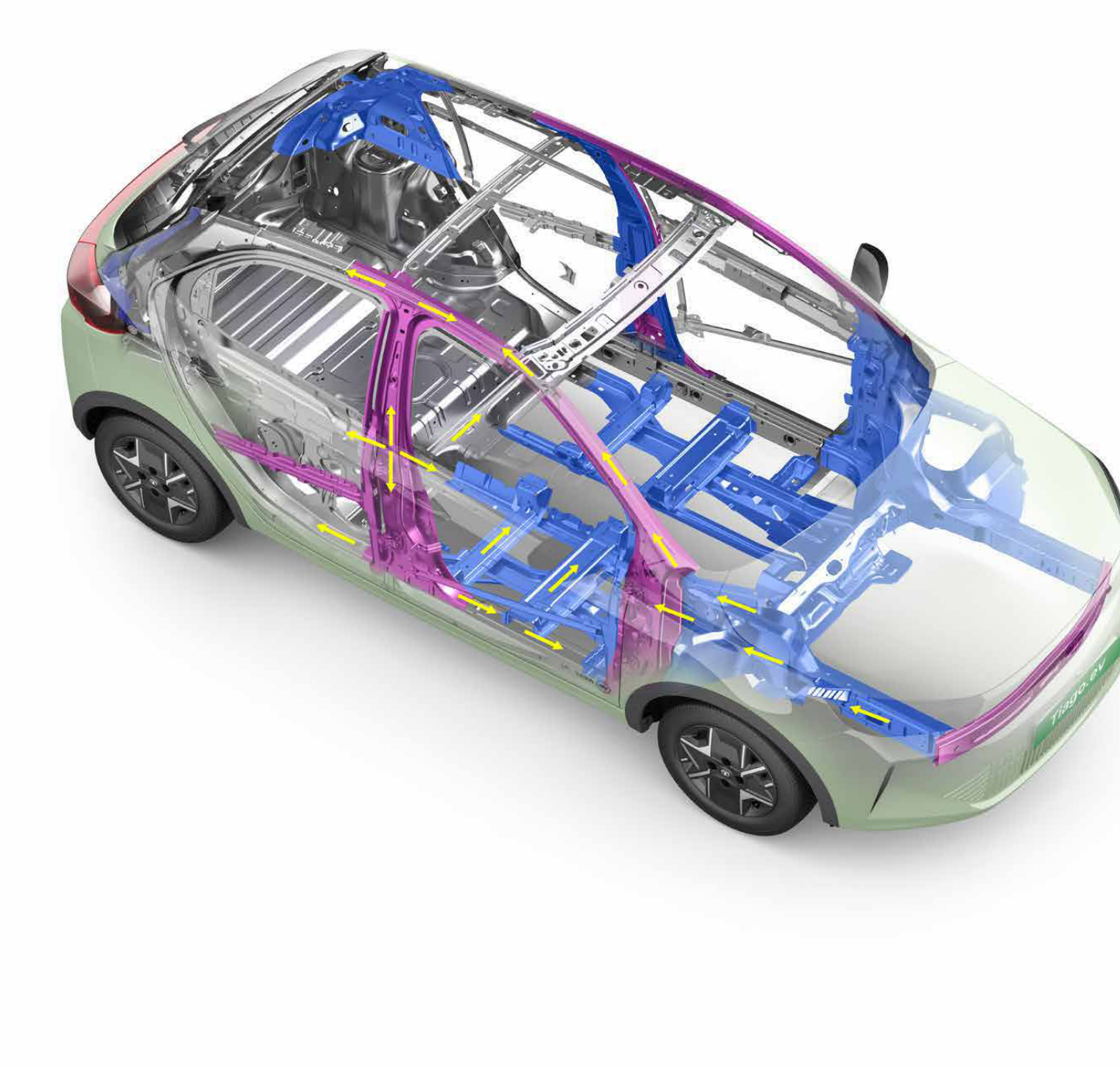 Tata Tiago EV — 360-degree impact protection body structure with reinforced load paths (cutaway)