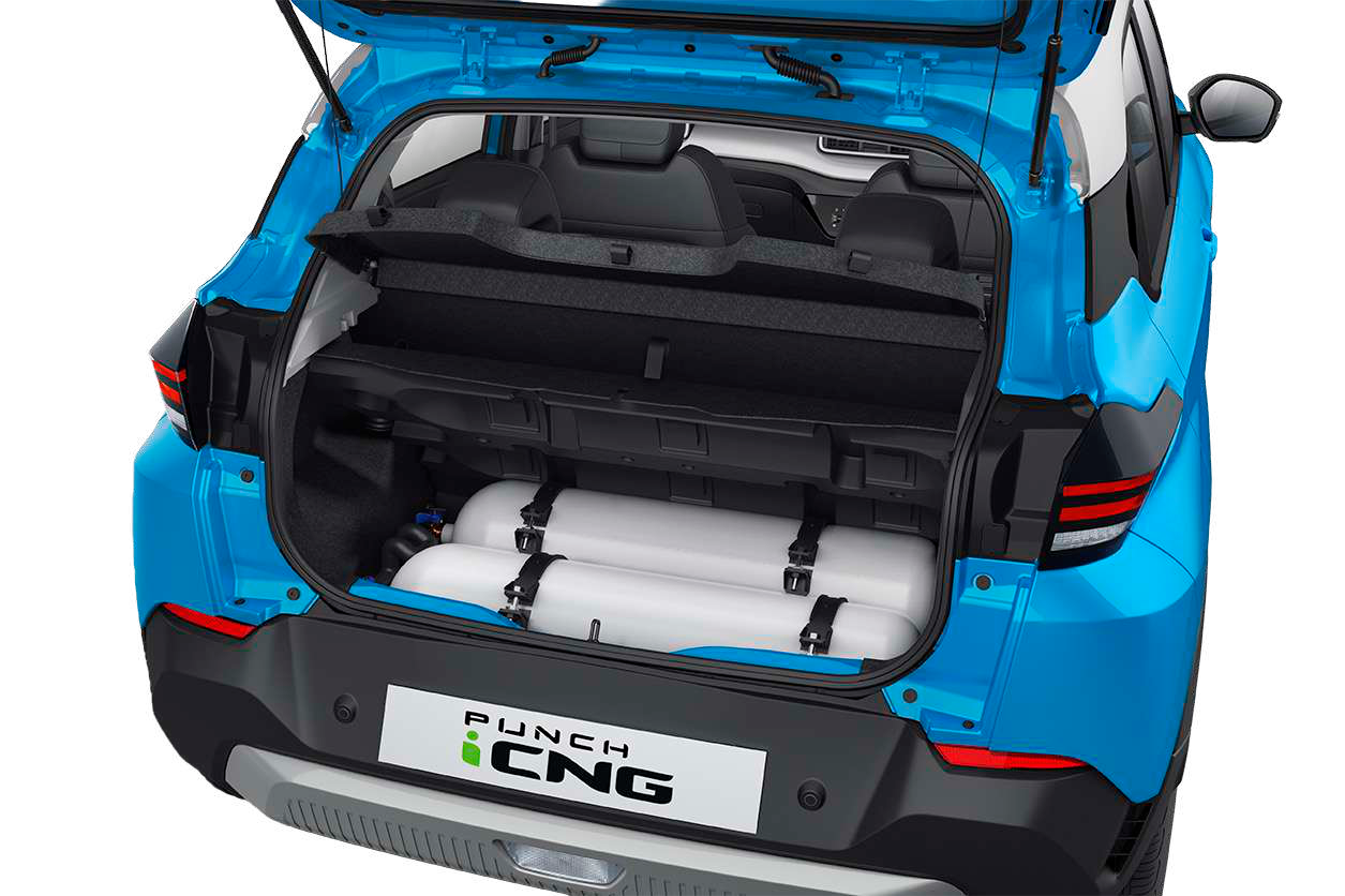 Tata Punch — Twin-cylinder iCNG — 60-litre CNG cylinders hidden beneath the boot floor, keeping 210 L usable bootspace