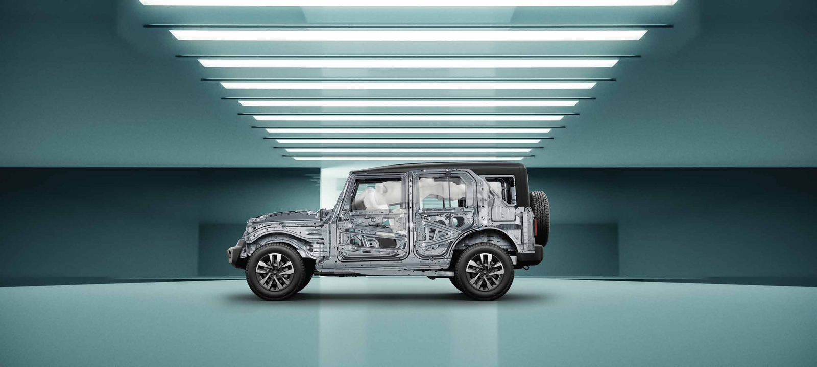 Mahindra Thar Roxx — See-through view of the high-strength steel structure on the M_GLYDE platform