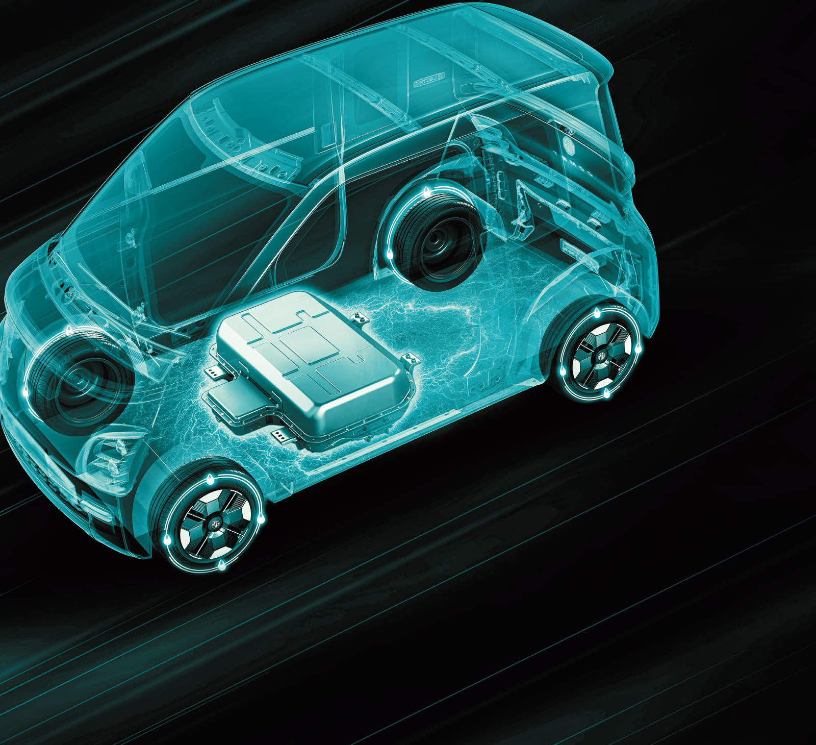 MG Comet EV — 17.4 kWh prismatic-cell Li-ion battery pack layout (cutaway)