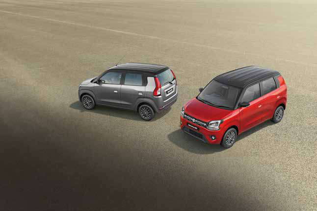 Maruti Suzuki Wagon R — Dual-tone body-colour options with a contrast black roof, shown in Magma Grey and Gallant Red.