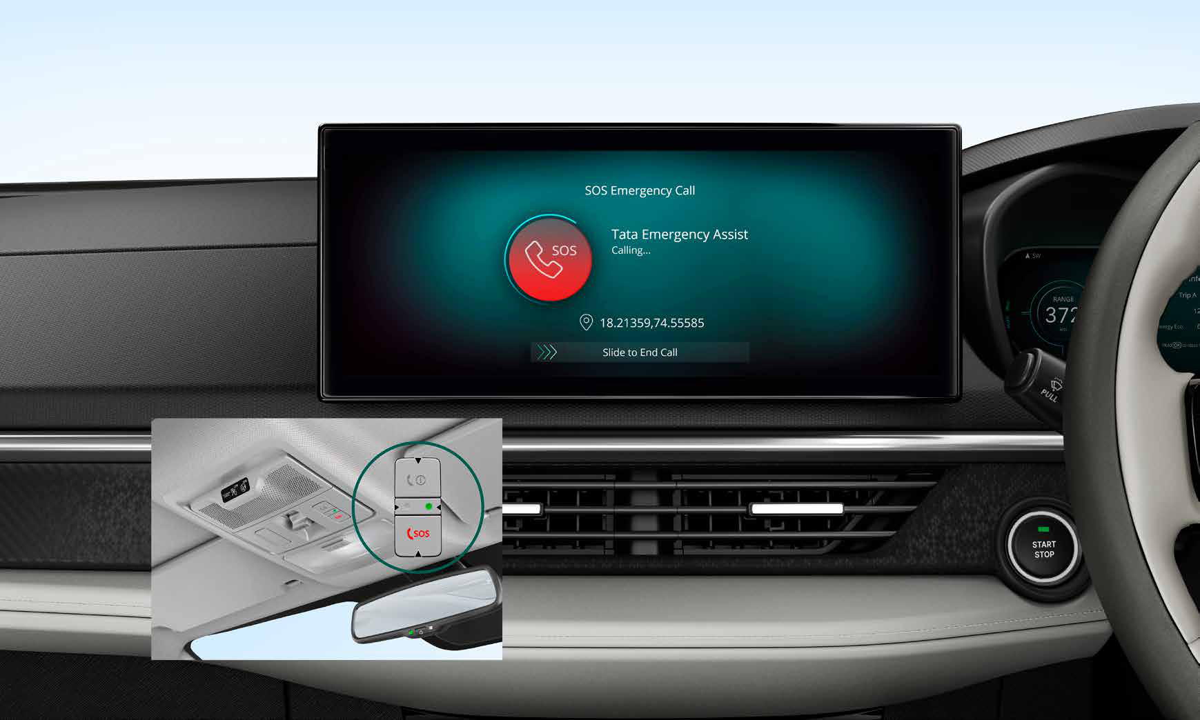 Tata Nexon EV — SOS emergency call with roof console button connects to Tata Emergency Assist