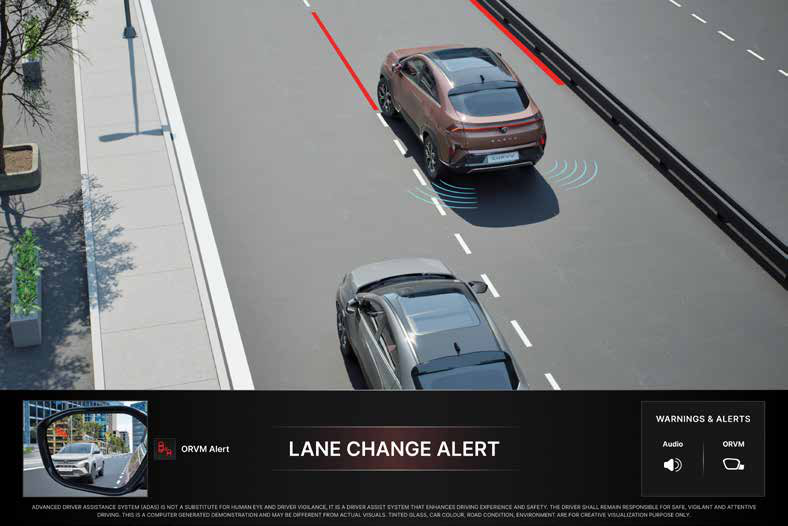 Tata Curvv — Lane Change Alert warns of potential collisions from vehicles when switching lanes.