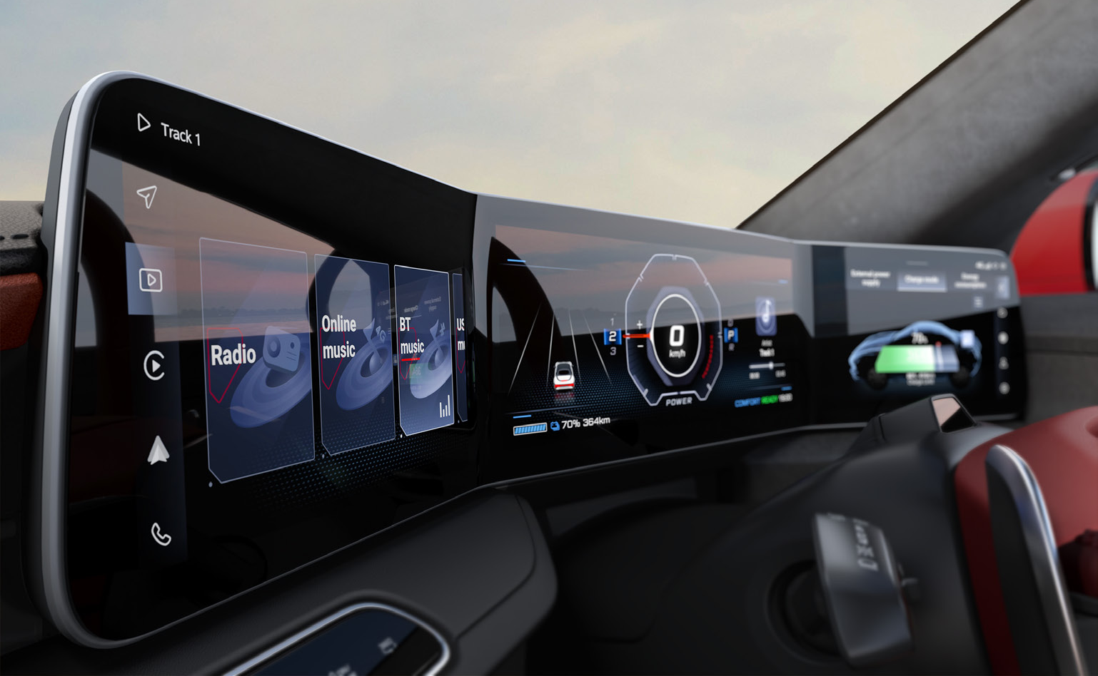 MG Cyberster — Wraparound triple-screen digital cockpit with instrument, infotainment and passenger displays