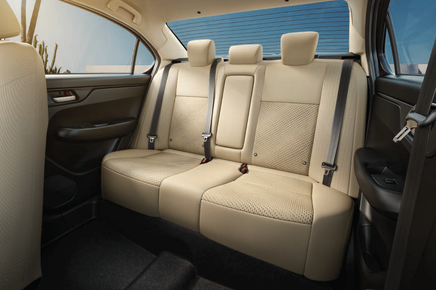 Honda Amaze — Spacious rear cabin with three adjustable headrests and embossed fabric upholstery