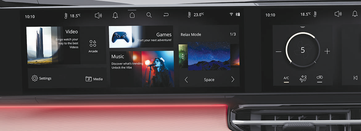 Tata Sierra — The co-driver gets a screen of their own: a 31.24 cm passenger infotainment display with wireless-earphone and gaming-control compatibility