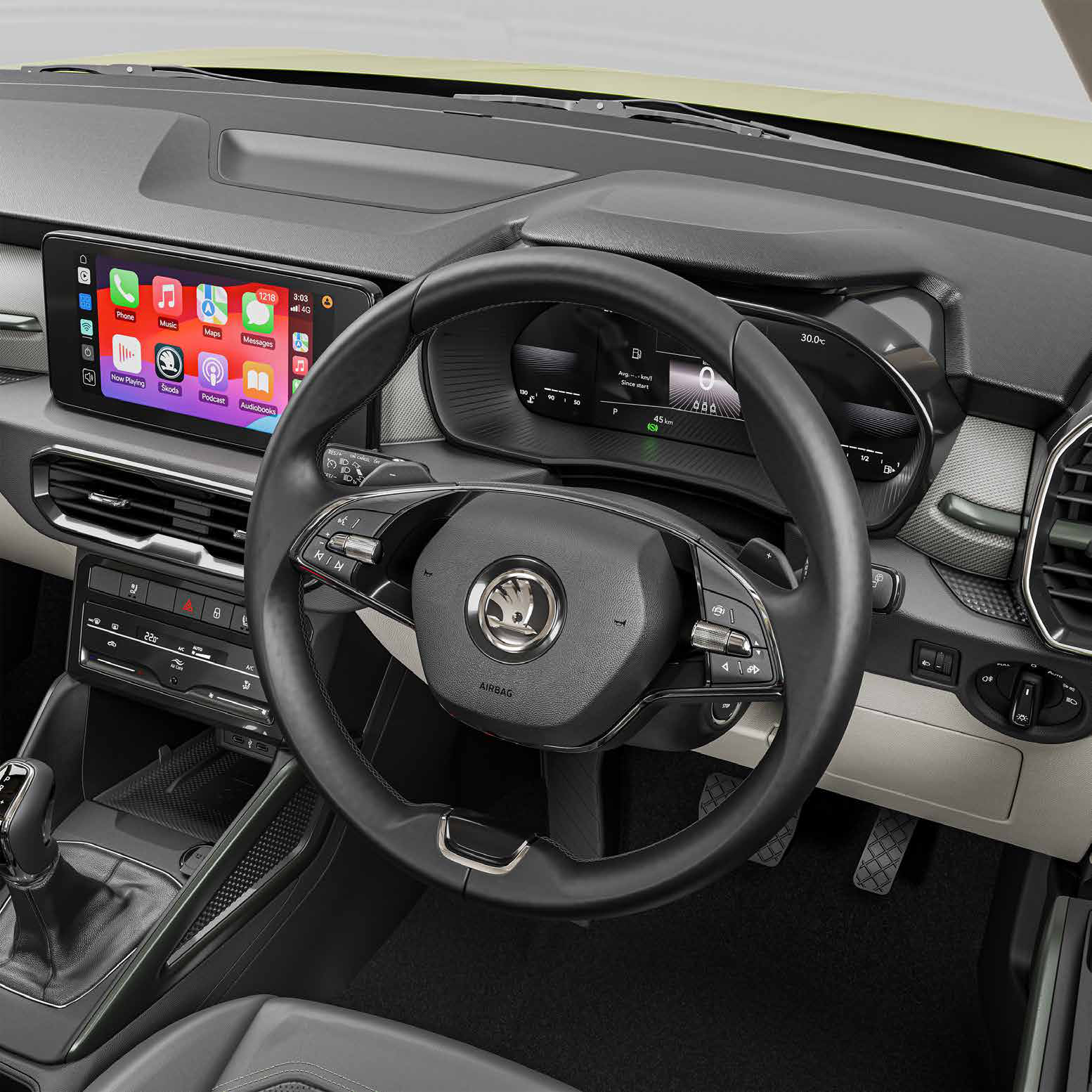 Skoda Kylaq — 25.6 cm touchscreen infotainment with leather multifunction steering wheel and paddle shifters