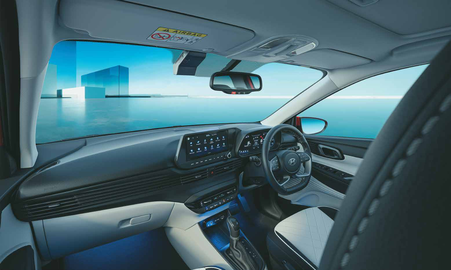 Hyundai i20 — Dual tone black & grey interiors with blue ambient lighting