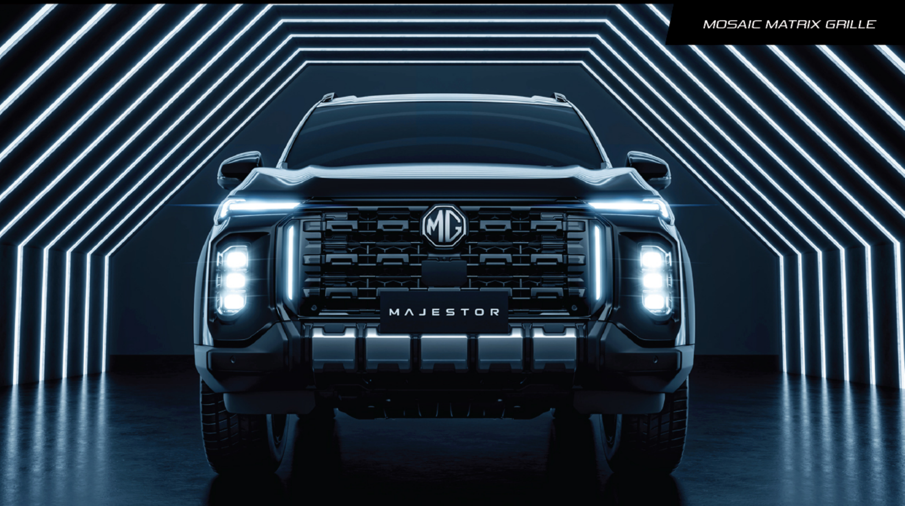 MG Majestor — Illuminated Mosaic Matrix grille flanked by Dragon Eye vertical DRLs and tri-beam LED headlamps