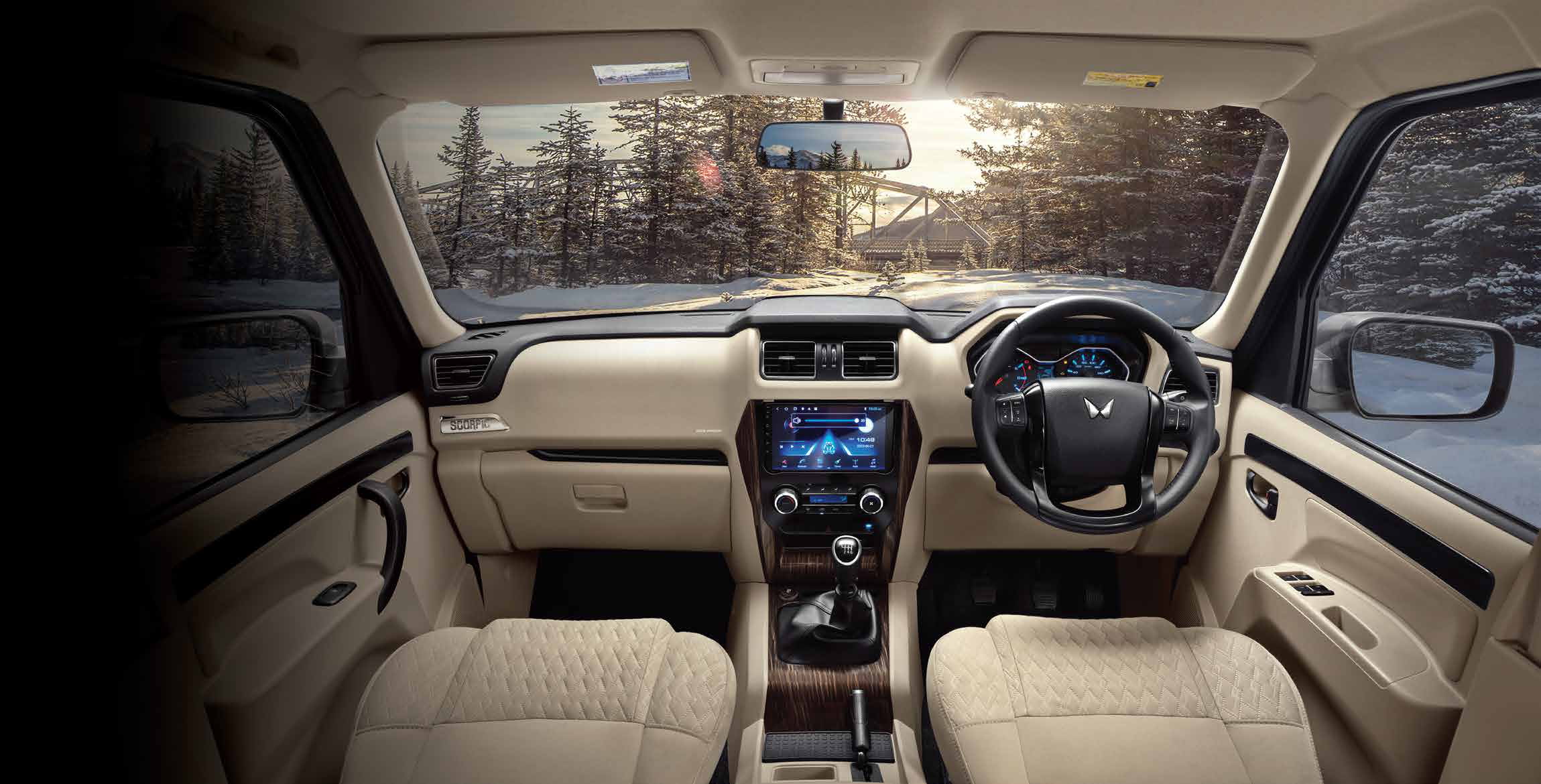 Mahindra Scorpio Classic — New 2-tone beige and black interiors with faux leather steering wheel cover