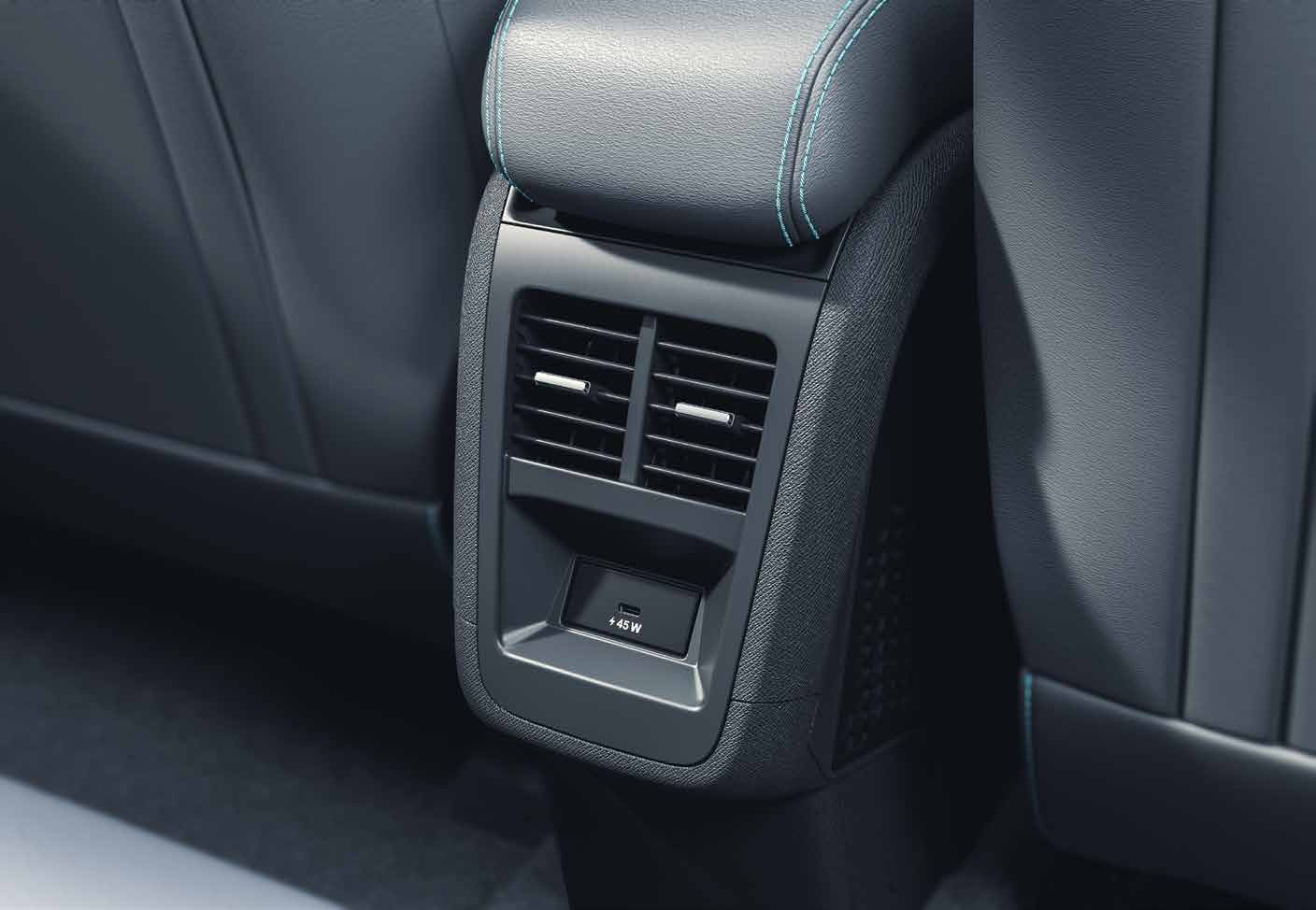 Tata Curvv EV — Rear AC vents with a 45W C-type fast-charge port below