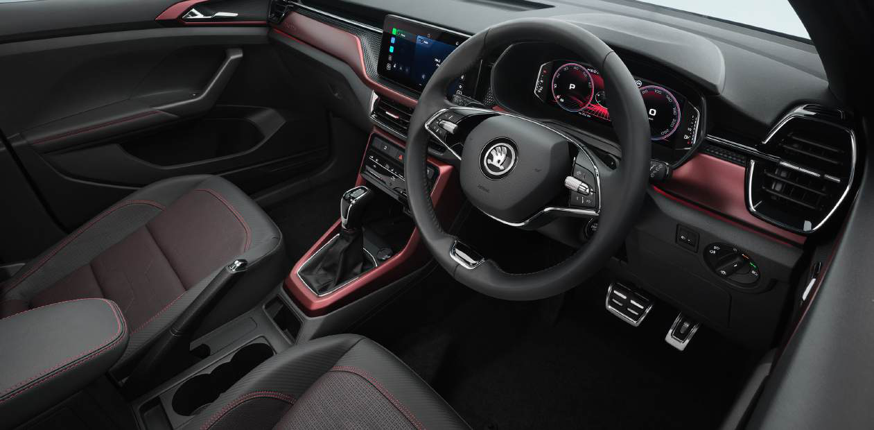Skoda Kushaq — Dual-tone driver-focused cockpit with digital cluster and touchscreen