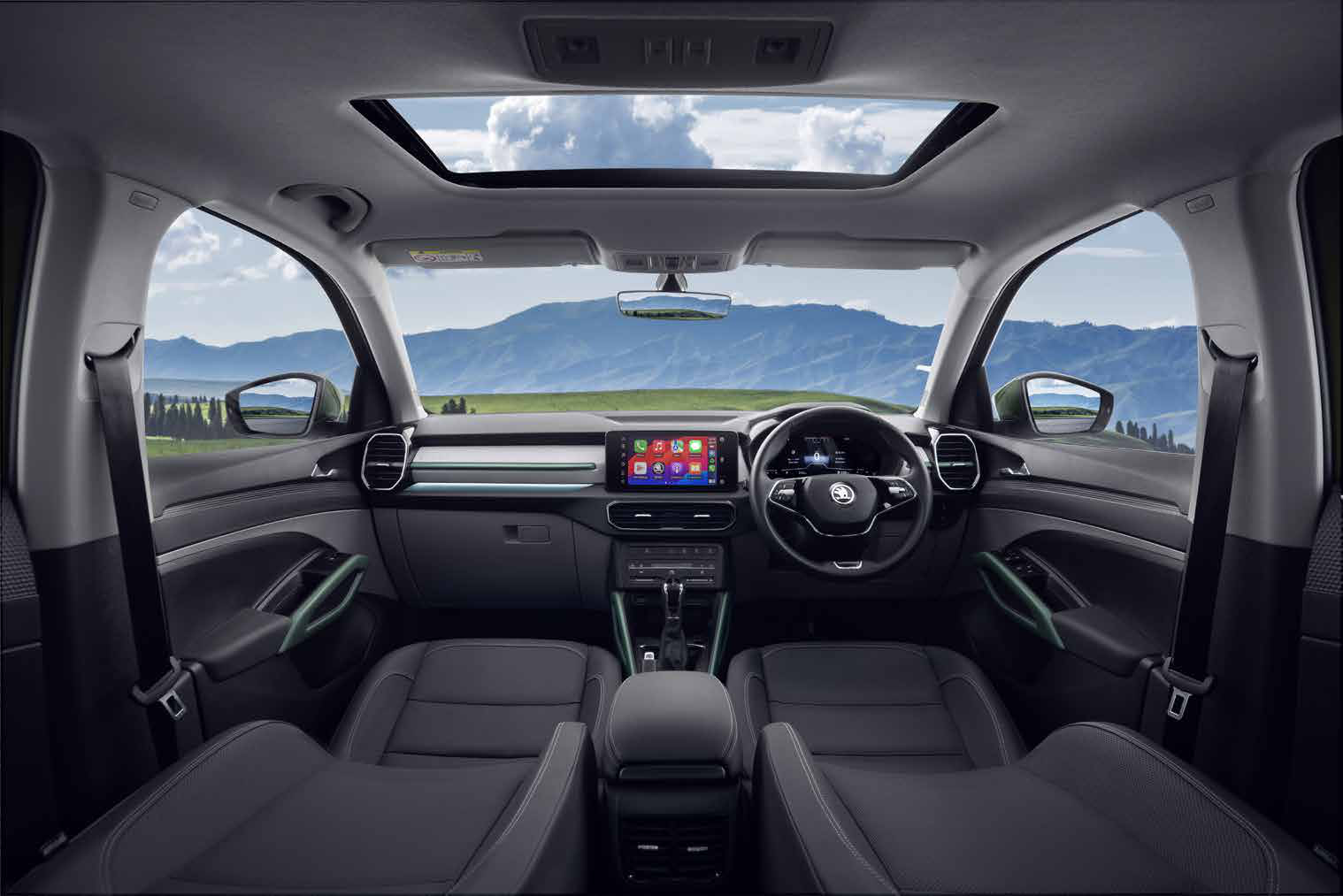 Skoda Kylaq — Dual-tone cabin with electric sunroof and free-standing touchscreen