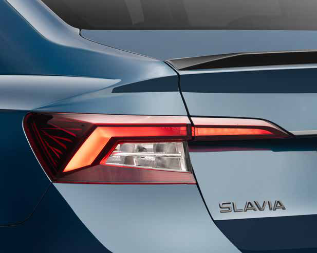 Skoda Slavia — Crystalline Split LED tail lamp with SLAVIA lettering on the boot lid.