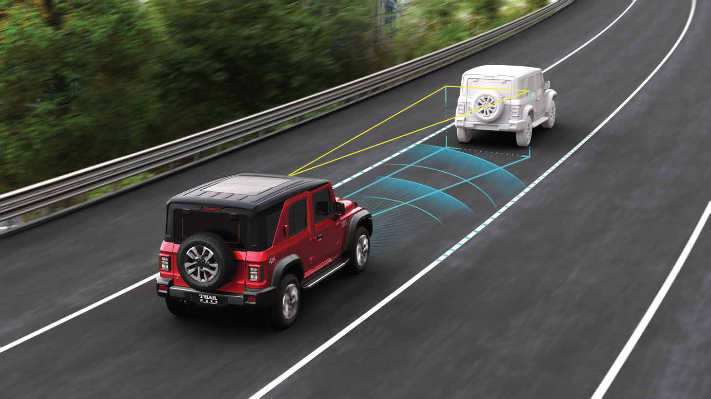 Mahindra Thar Roxx — ADAS Level 2 suite with 10 features, including forward collision warning and autonomous emergency braking