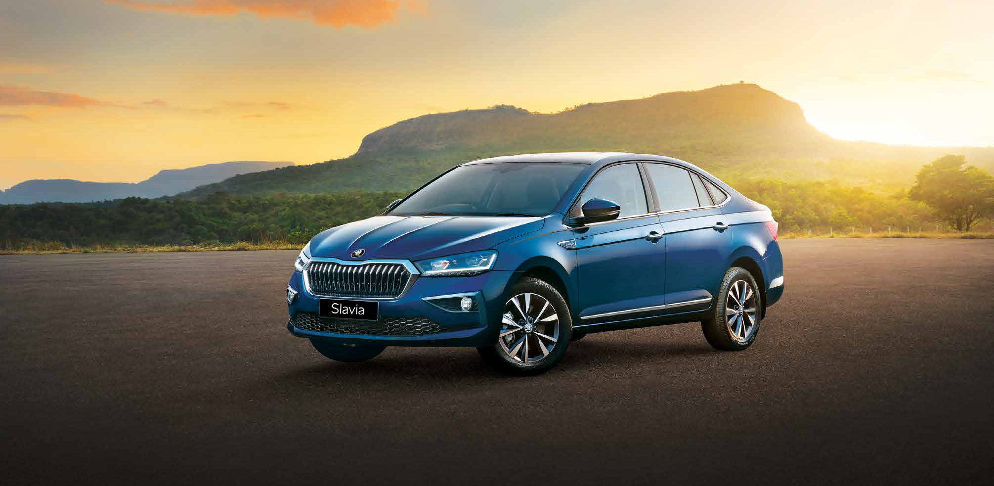 Skoda Slavia — Škoda Slavia's sculpted profile with the hexagonal grille, chrome surround and Crystalline LED headlamps.