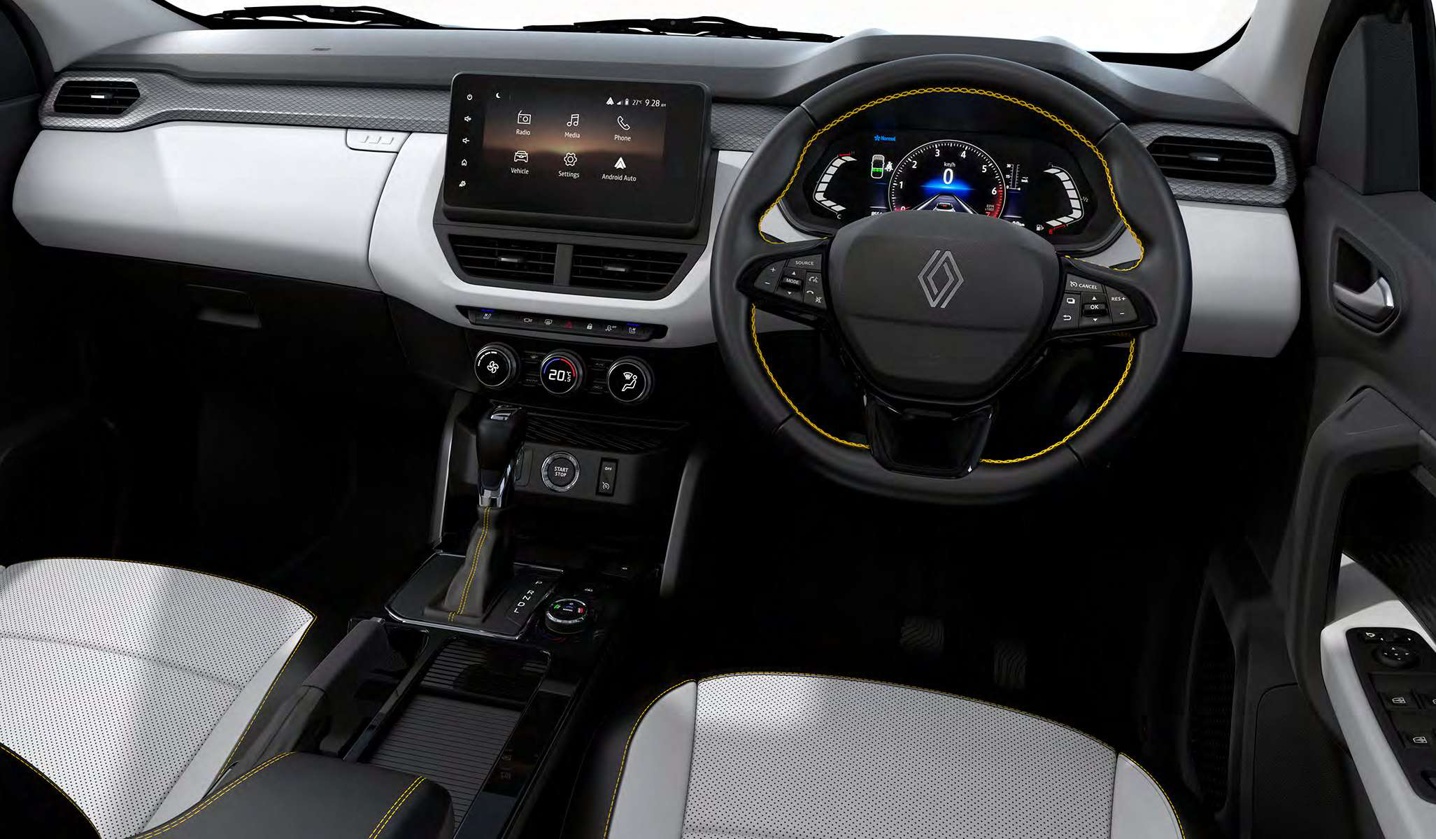 Renault Kiger — 20.32 cm touchscreen with wireless Apple CarPlay and Android Auto set in a dual-tone dashboard.