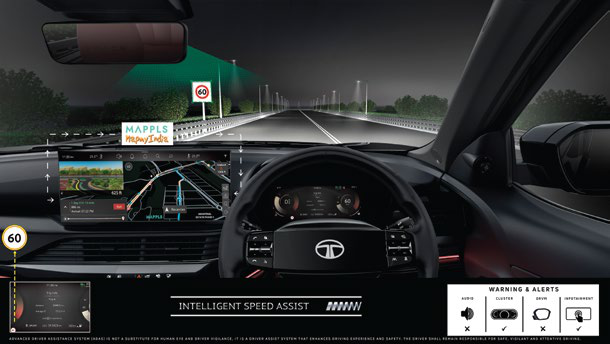 Tata Safari — Intelligent Speed Assist reads map and traffic-sign speed limits (ADAS Level 2+)
