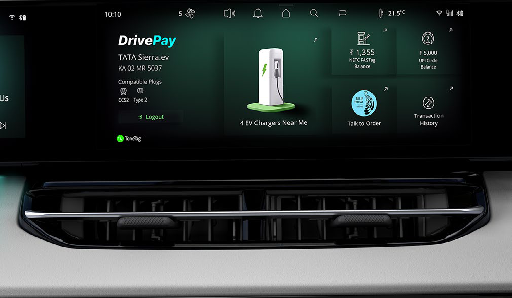 Tata Sierra EV — DrivePay makes payments on the go - chargers, FASTag and UPI right from the car's screen