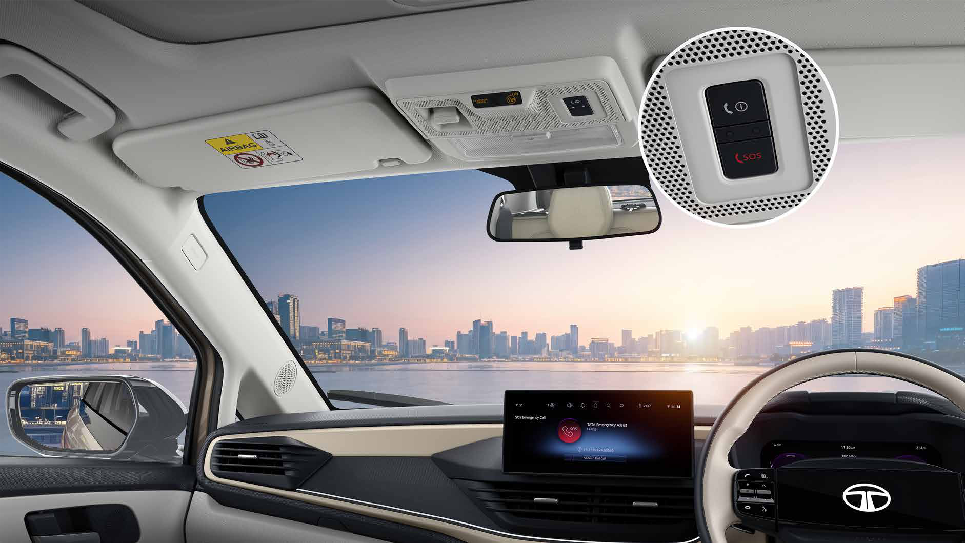 Tata Altroz — Roof-console SOS button for E-Call emergency and B-Call breakdown assistance, shown calling Tata Emergency Assist on the touchscreen