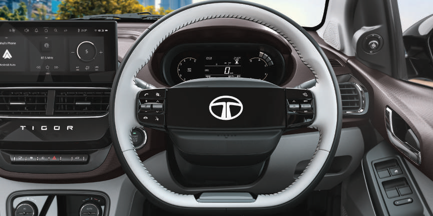 Tata Tigor — Smart digital leather-wrapped steering wheel with audio and phone controls
