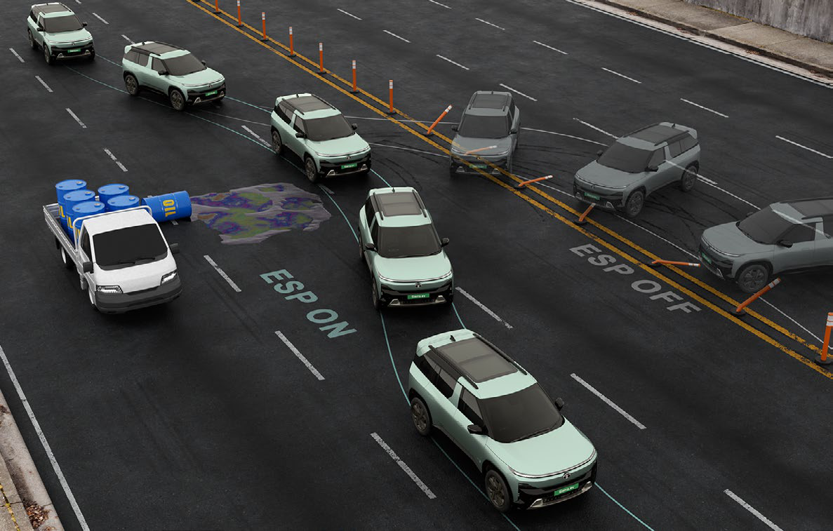 Tata Sierra EV — ESP ON vs OFF: the Electronic Stability Program holds the intended line around a road hazard, part of a 20-feature safety suite