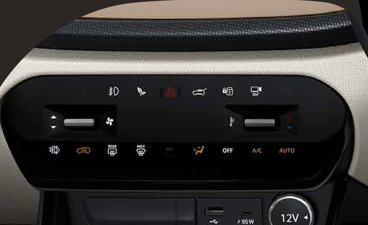 Tata Altroz — Clima Touch automatic temperature control on a glossy piano-finish touch panel, with 65W USB-C and 12V outlets below
