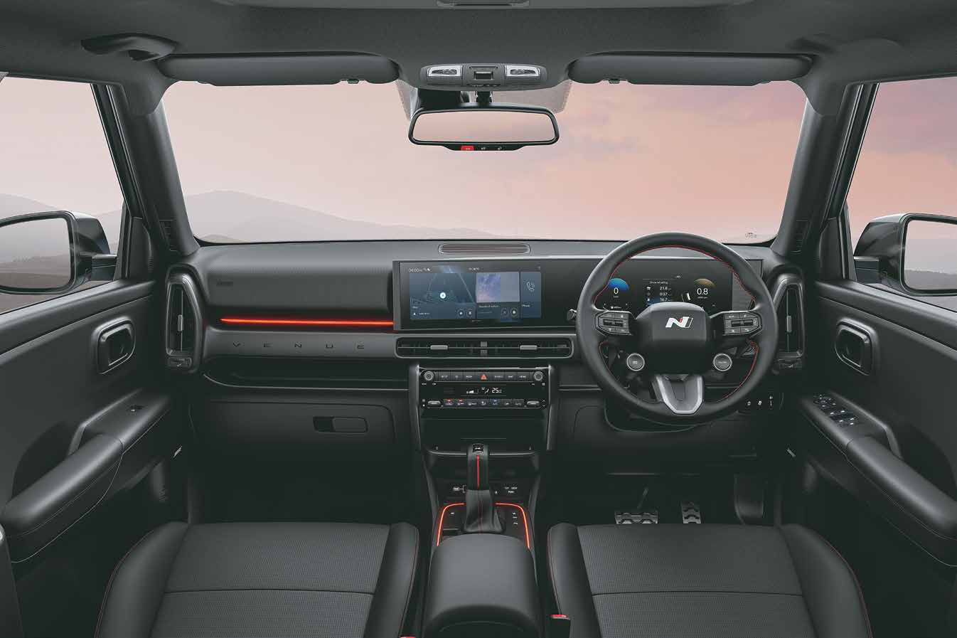 Hyundai Venue N Line — Sporty black interior with red highlights and Sunrise red ambient lighting