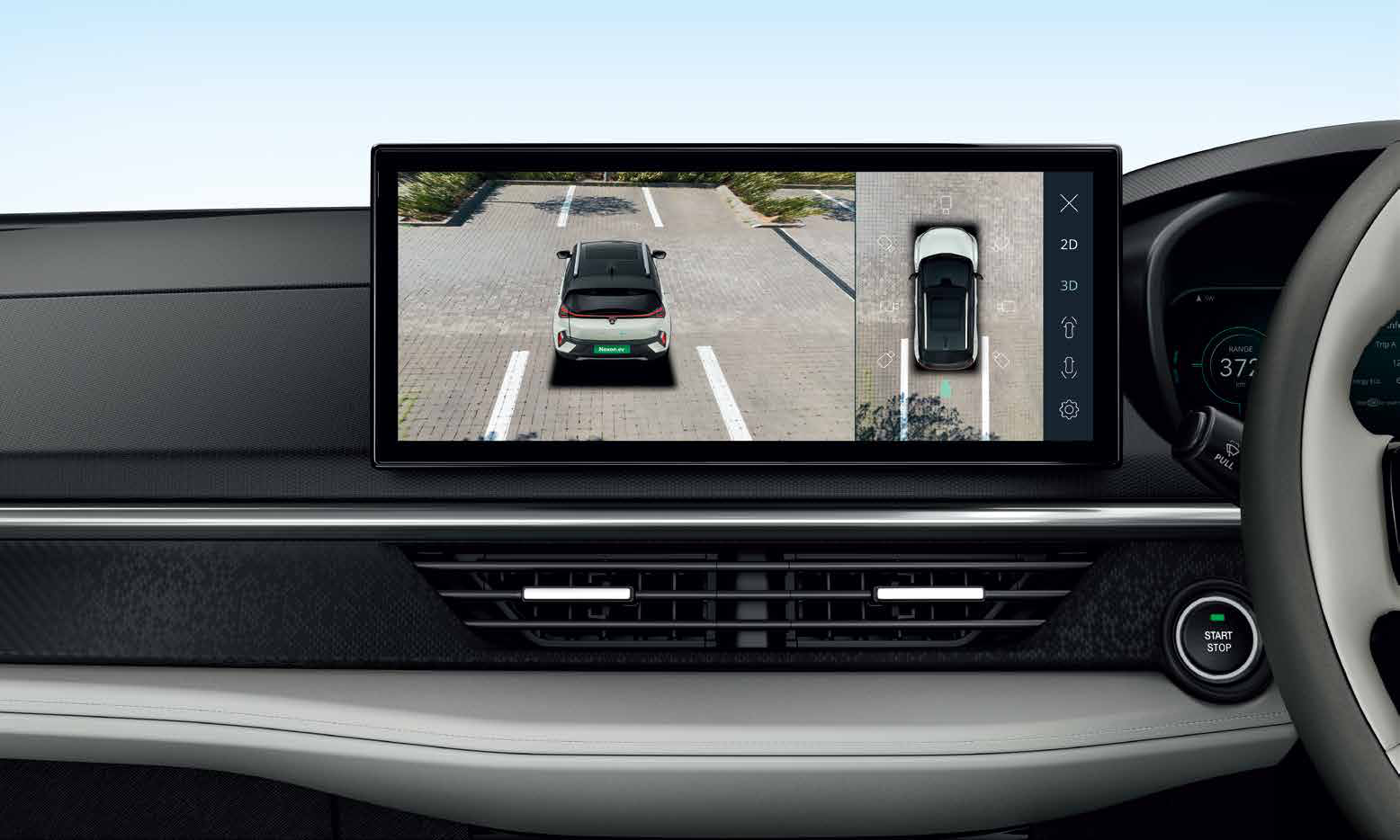 Tata Nexon EV — 360-degree surround view camera system with 2D and 3D views on the cinematic touchscreen