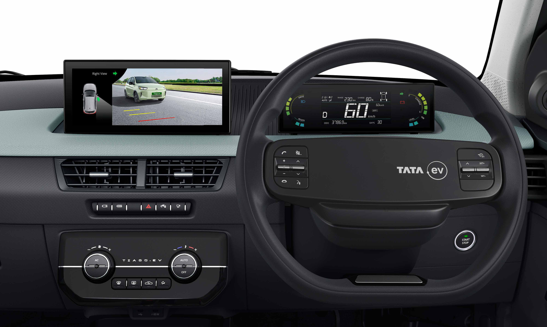 Tata Tiago EV — Blind View Monitor shows a live blind-spot camera feed on the touchscreen