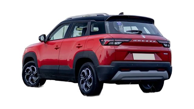 Red and black SUV photographed from the rear three-quarter angle against white background.