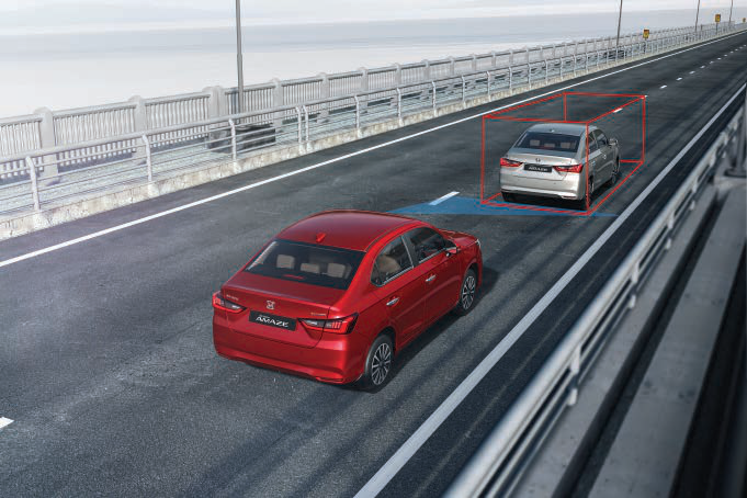 Honda Amaze — Collision Mitigation Braking System detects a vehicle ahead and warns/brakes