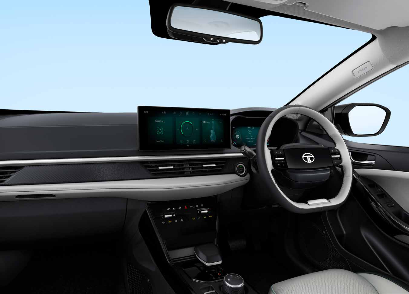 Tata Nexon EV — Layered dual-tone digital dashboard with floating cinematic touchscreen