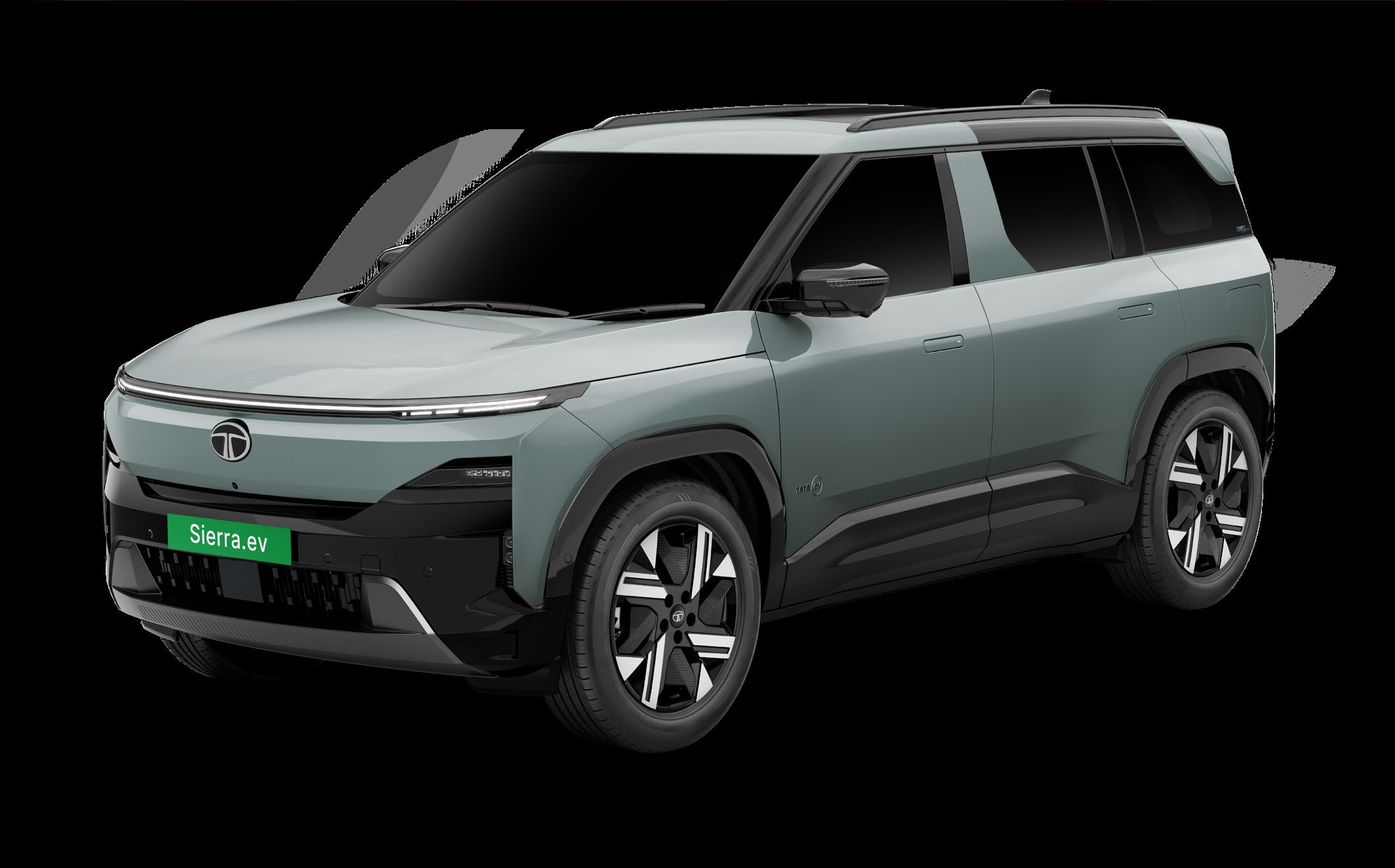 Tata Sierra EV — Upright SUV silhouette with a full-width LED light bar, flush door handles, blacked-out pillars and aero-styled alloy wheels
