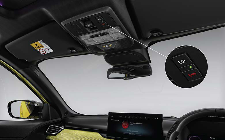 Tata Harrier — Emergency Call and Breakdown Call assist buttons on the roof console