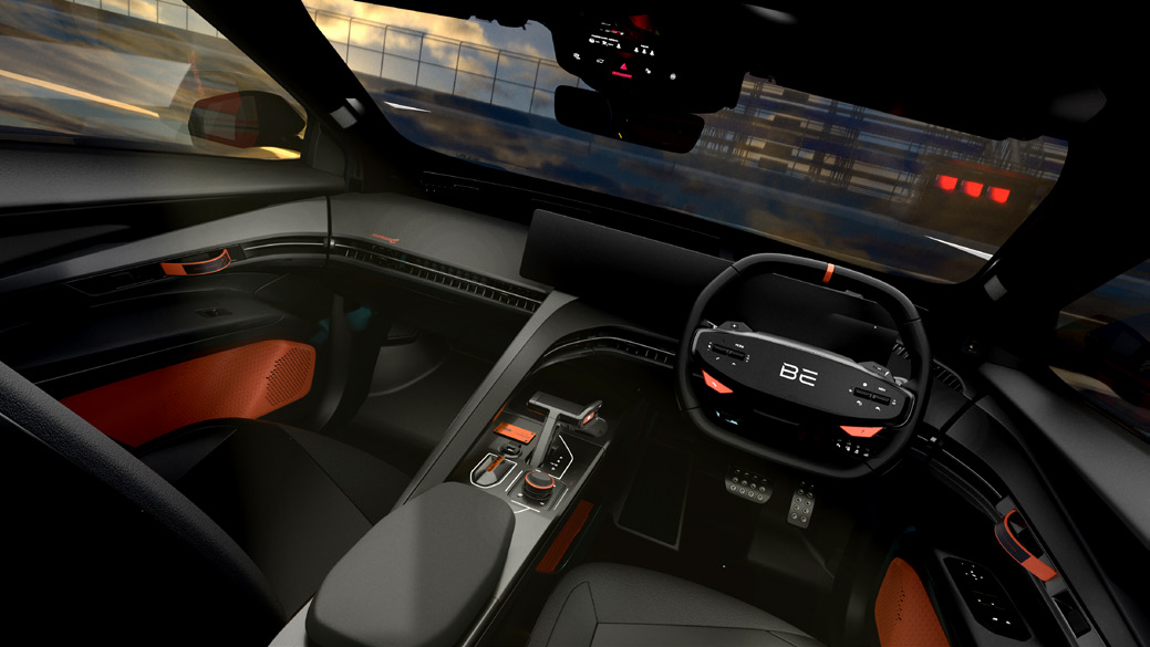 Mahindra BE 6 FE — Firestorm Orange-accented cockpit with racing-inspired steering wheel and E-shifter