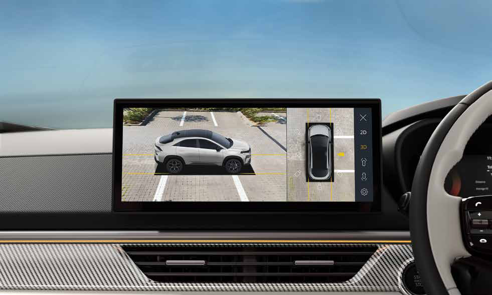 Tata Curvv — 360-degree 3D surround-view camera system shows top-down and 3D views on the touchscreen while parking.