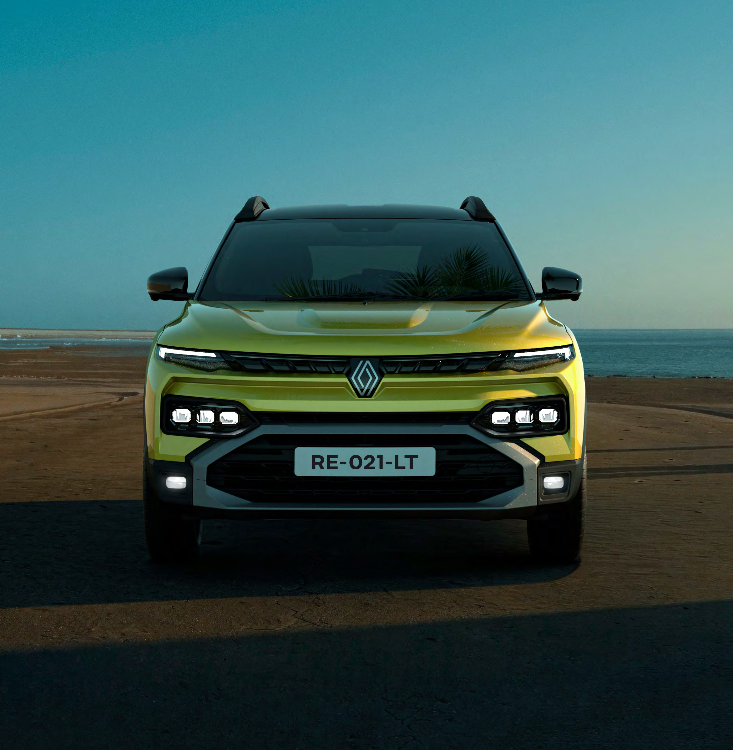 Renault Kiger — LED headlamps with a C-shaped DRL signature and tri-block projectors flanking the illuminated grille.