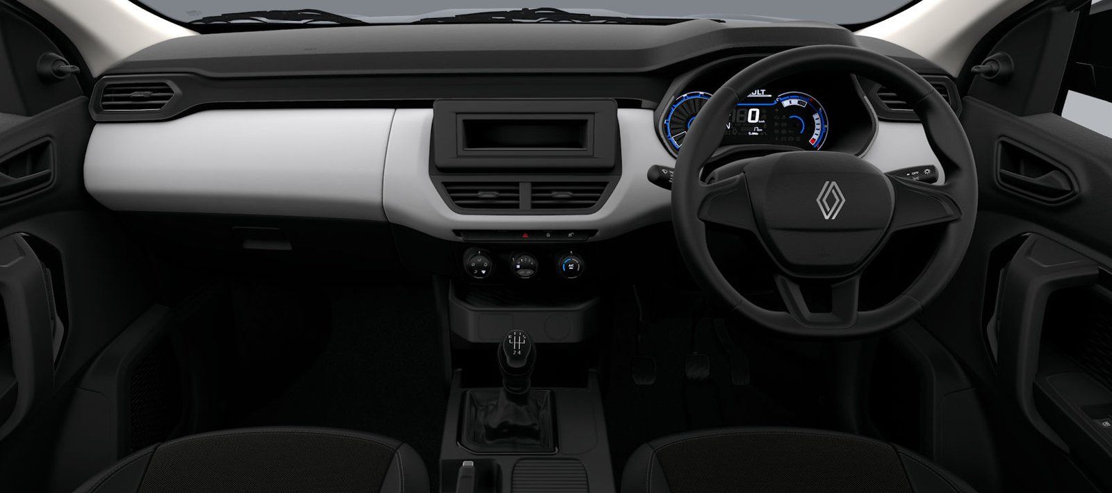 Renault Kiger interior dashboard with steering wheel, instrument cluster, and center console.