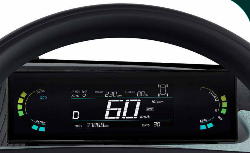 Tata Tiago EV — Digital Island Cluster showing range, charge, regen level and drive mode