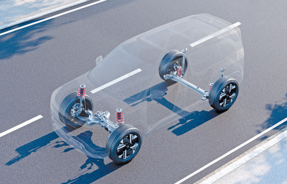Tata Sierra — Superglide suspension with FDD (frequency dependent damping) shown on a see-through chassis