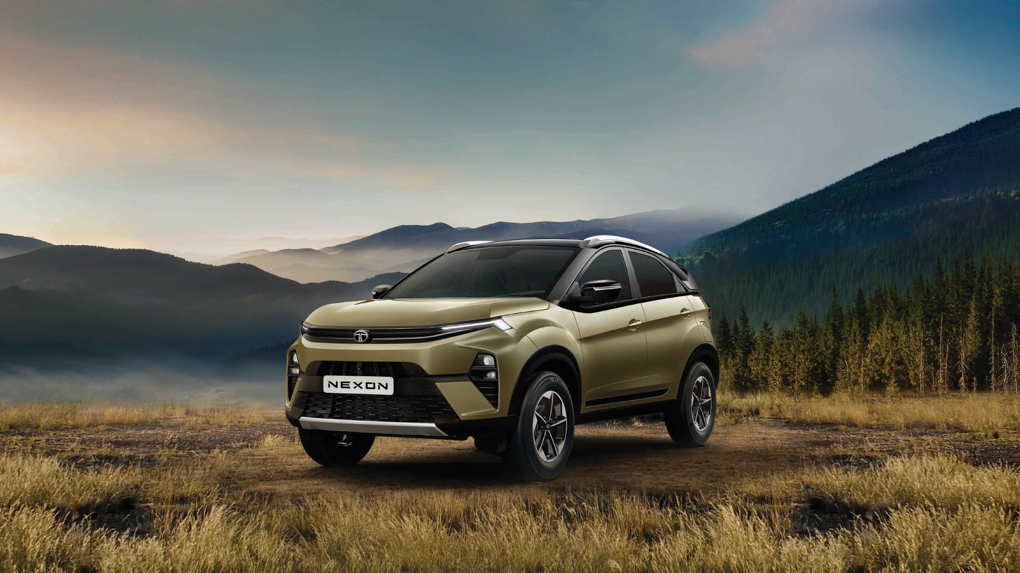 Tata Nexon — Tata Nexon front three-quarter - connected full-width LED DRL bar, bi-function LED headlamps and dual-tone black roof