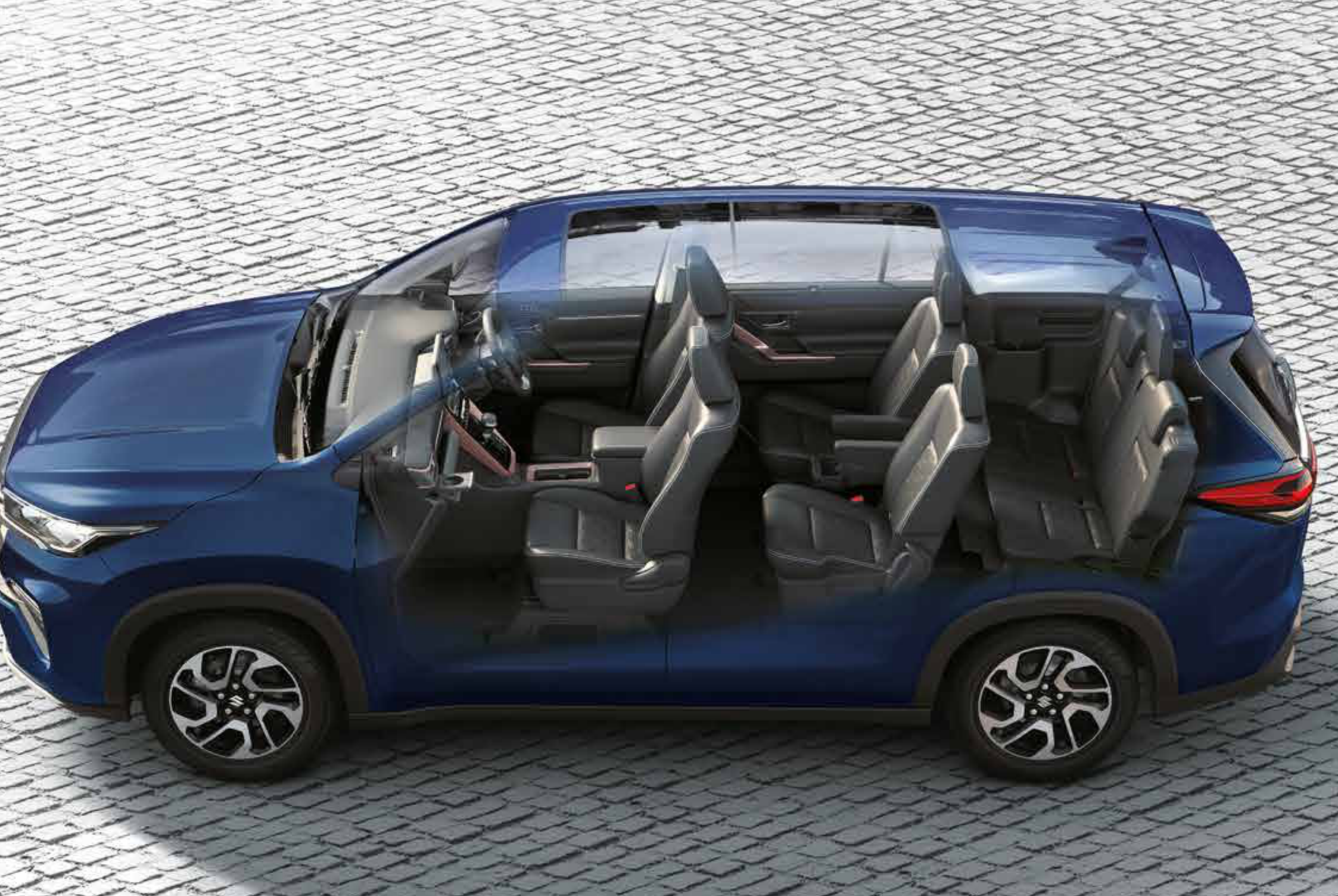 Maruti Suzuki Invicto — Cut-away view of the three-row cabin with a seven-seat layout and second-row captain seats.