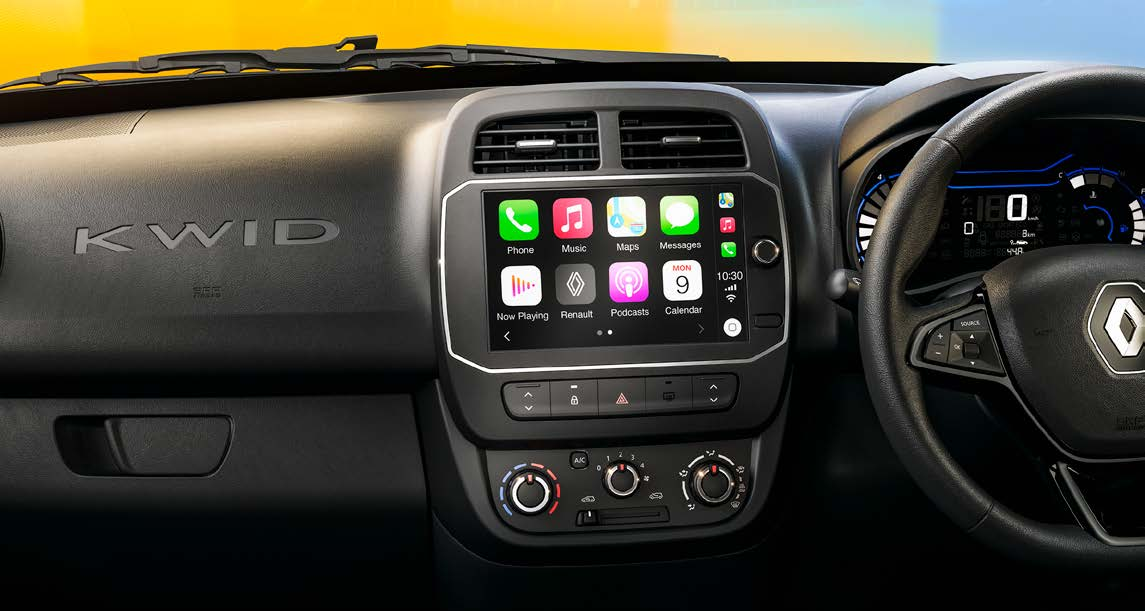 Renault Kwid — 20.32 cm MediaNAV touchscreen with Apple CarPlay and Android Auto smartphone mirroring.