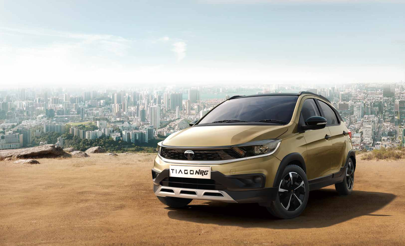 Tata Tiago NRG — Tiago NRG urban toughroader styling with black body cladding, silver front skid plate and blacked-out roof