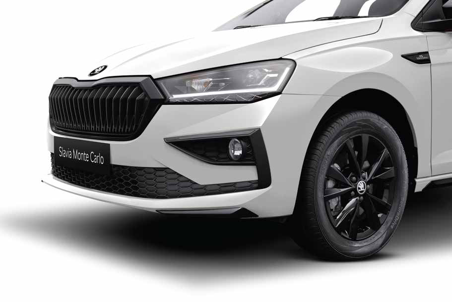 Skoda Slavia — Slavia Monte Carlo with black Škoda grille, gloss-black bumper garnish and black alloy wheels.