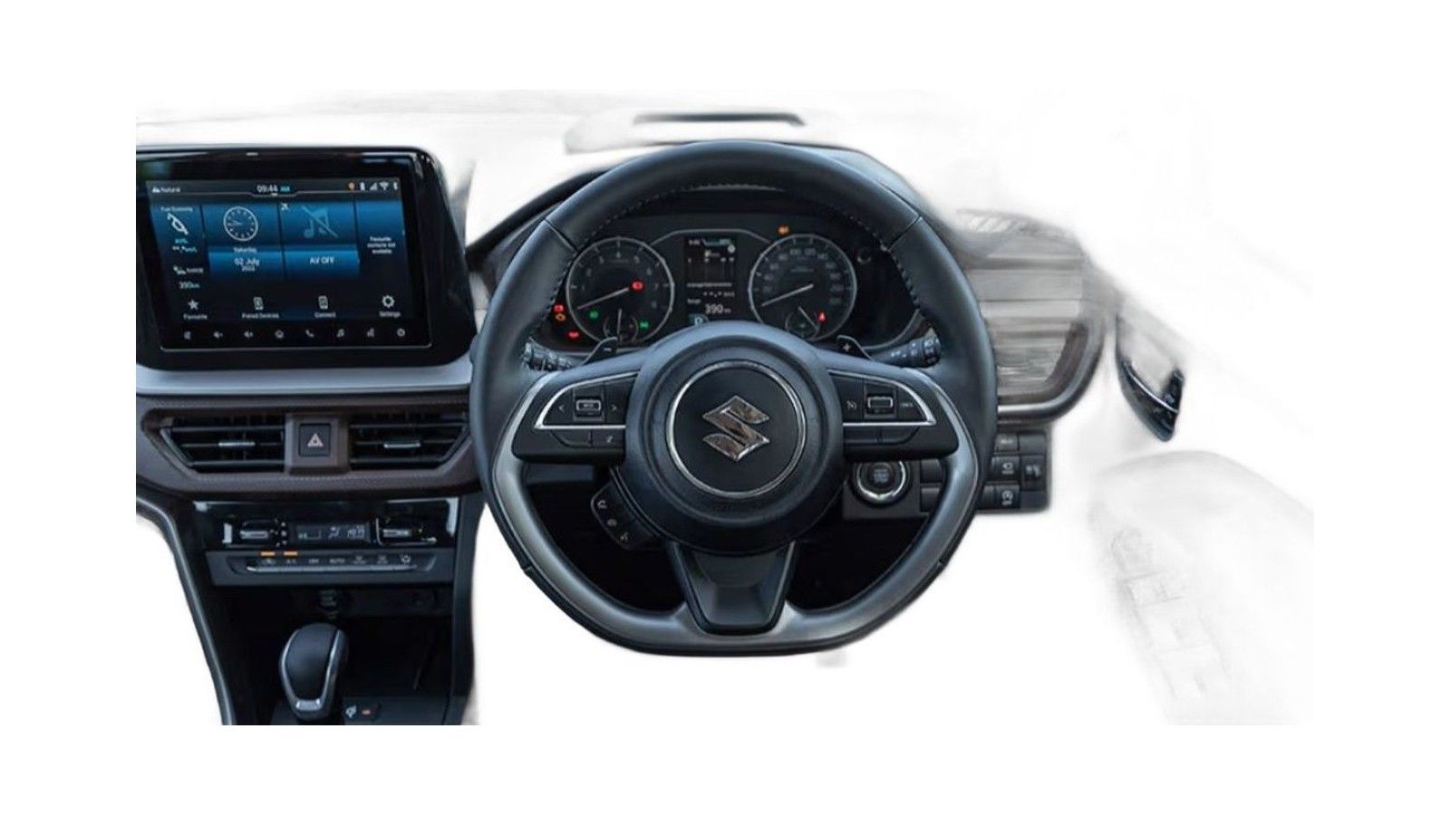 Maruti Suzuki Brezza dashboard interior showing touchscreen display and steering wheel.